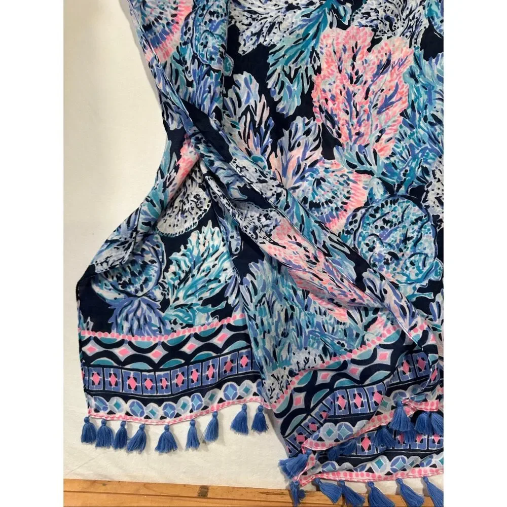 Lilly Pulitzer Coral Reef Print Tassel Sarong Beach Cover Up Wrap Scarf